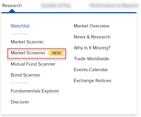 Image of the market screener from the research menu in portal. 